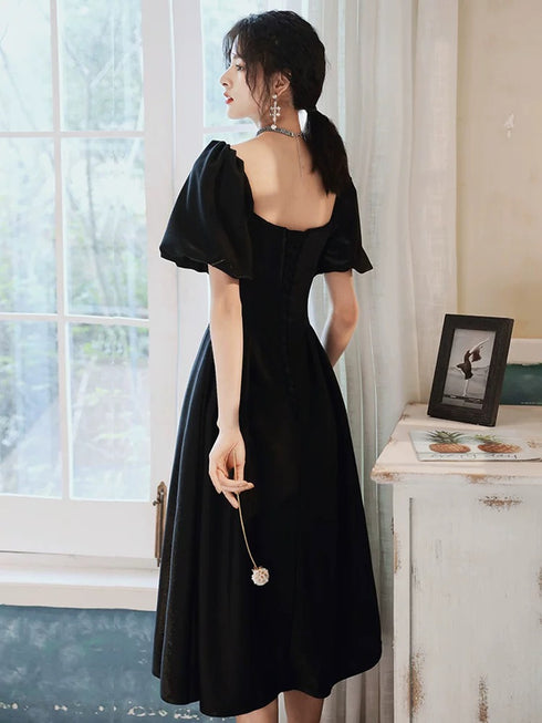 Black Velvet Tea Length Short Sleeves Wedding Party Dress, Black Velvet Homecoming Dress